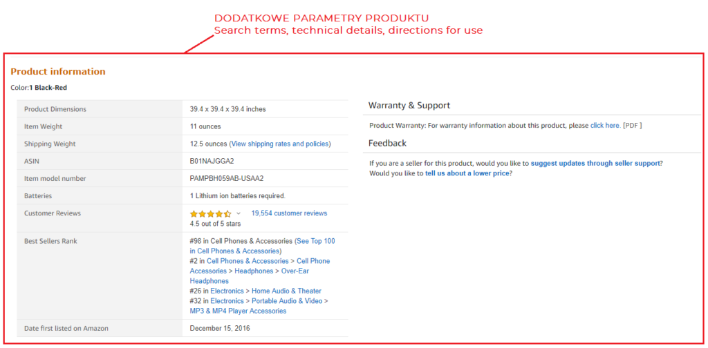 Dodatkowe parametry produktu (search terms, technical details, directions for use)